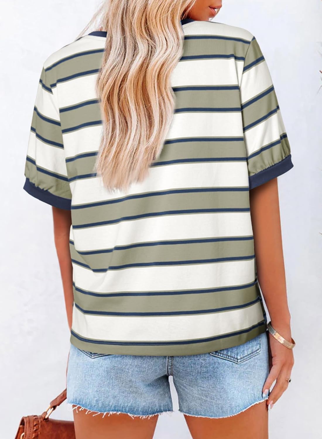 Striped Color Block Short Sleeve T-Shirts Crewneck Casual Loose Basic Tee Blouses