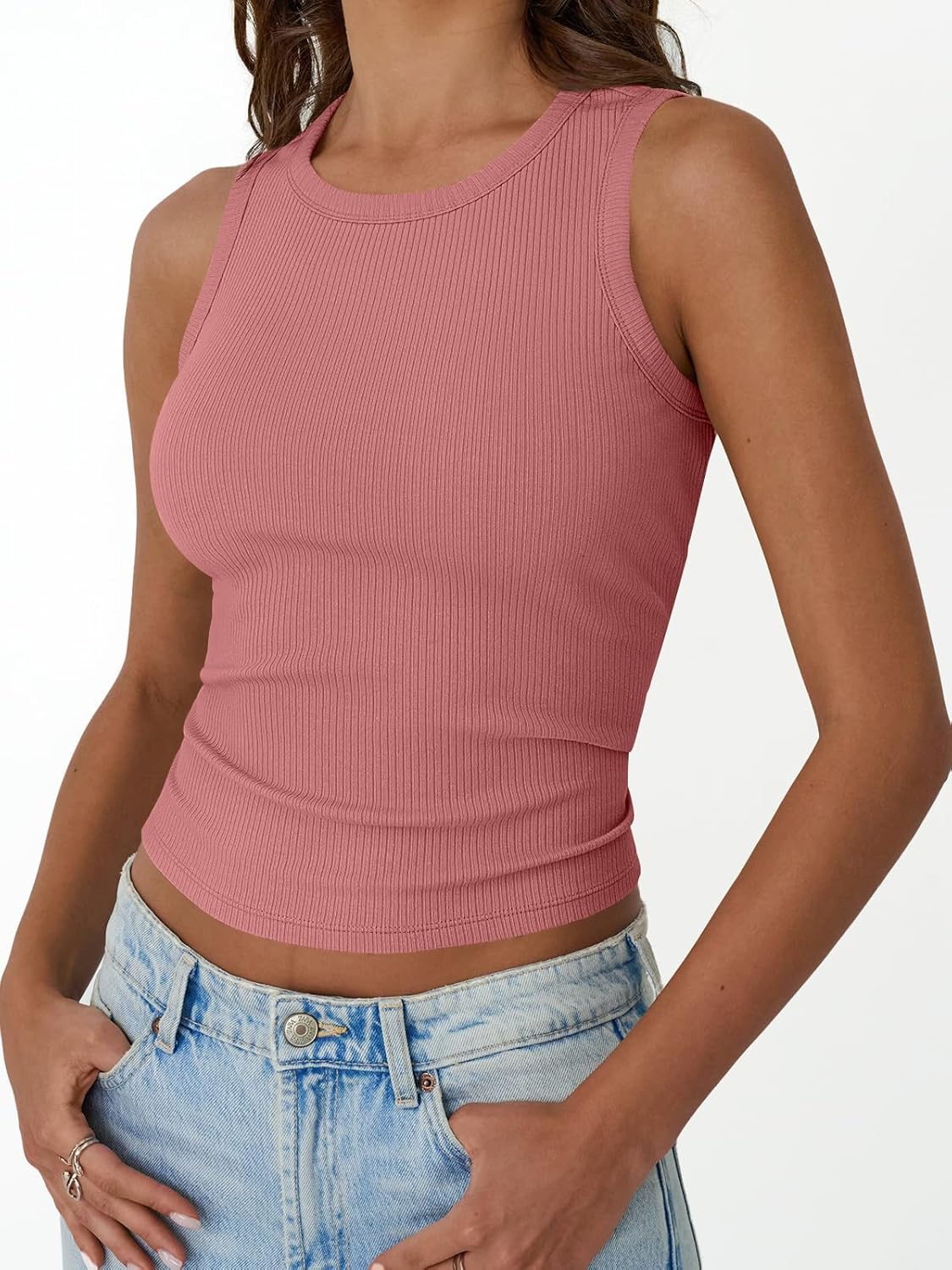 Womens Tank Tops Summer Workout Ribbed Sleeveless High Neck