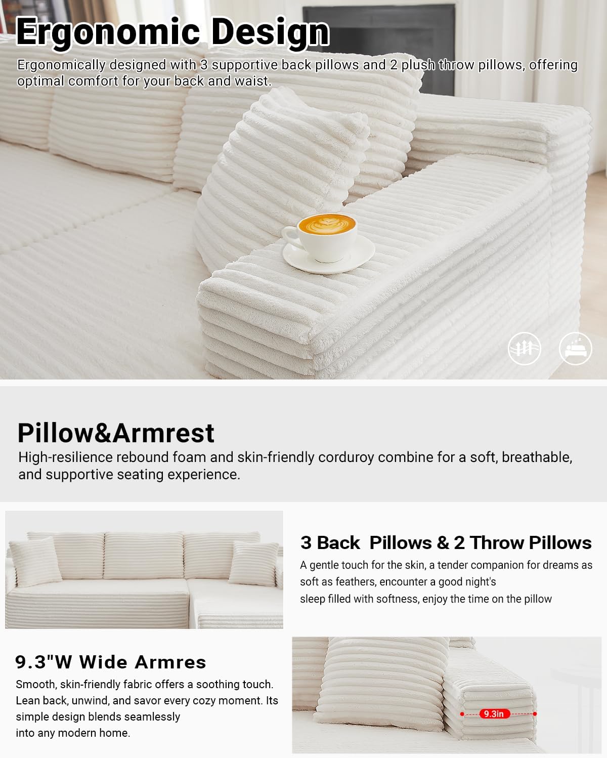 105 Inch Cloud Sectional Couch with Deep Seat