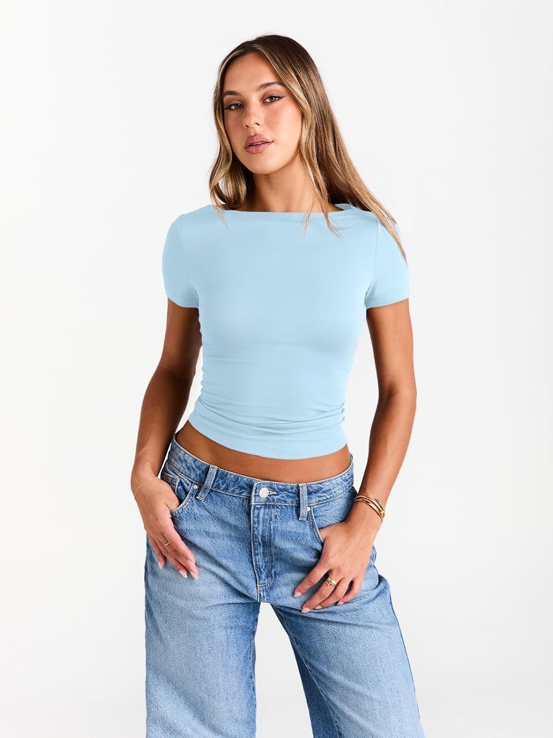 Womens Boat Neck Tops Short Sleeve T-Shirts Slim Fitted Compression