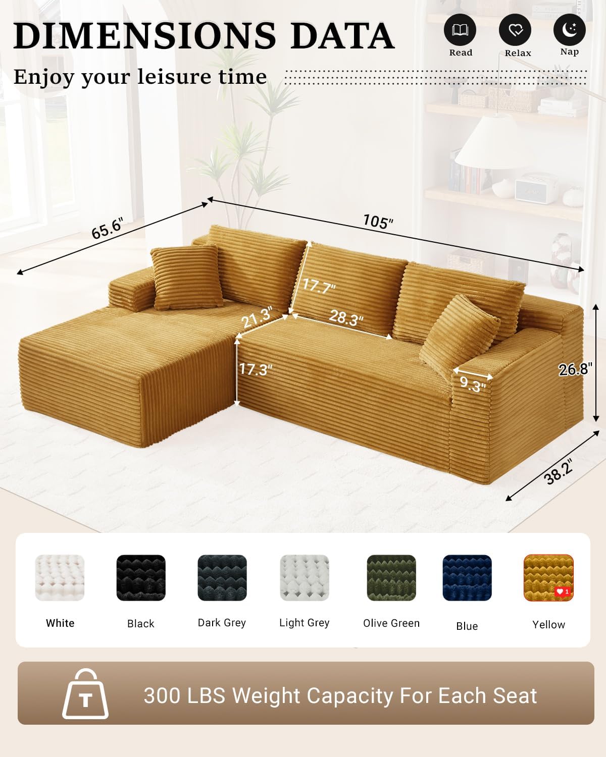 105 Inch Cloud Sectional Couch with Deep Seat