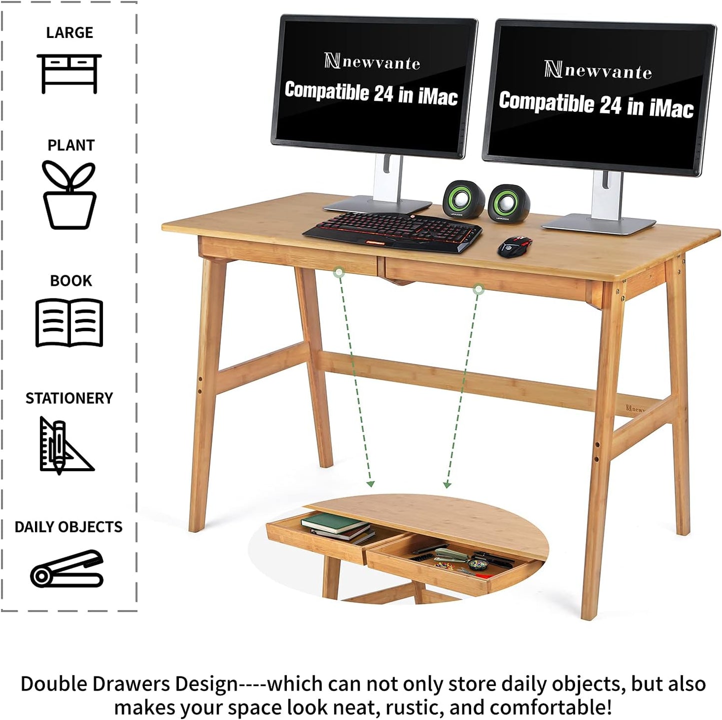 Writing Computer Desk 46" Bamboo Home Office Table with 2 Drawers