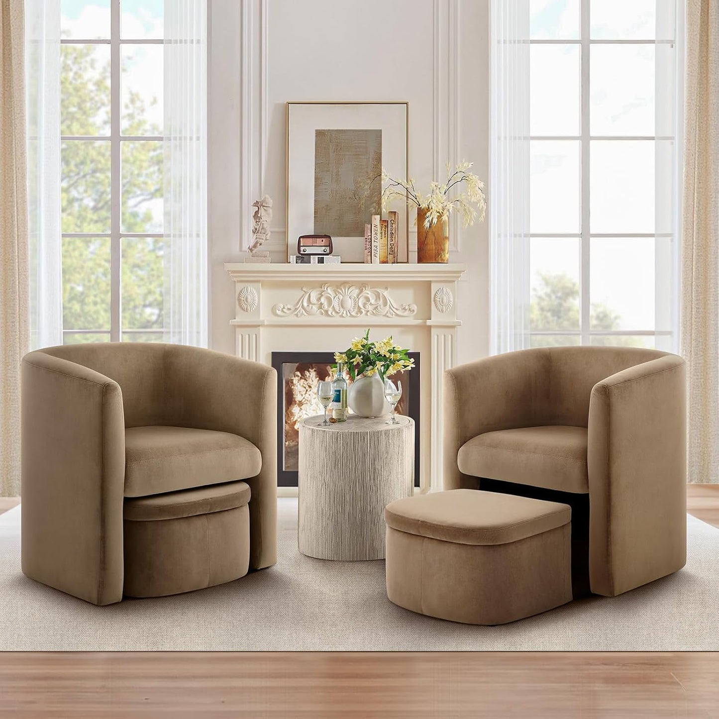 COLAMY Upholstered Velvet Barrel Accent Chair with Storage Ottoman