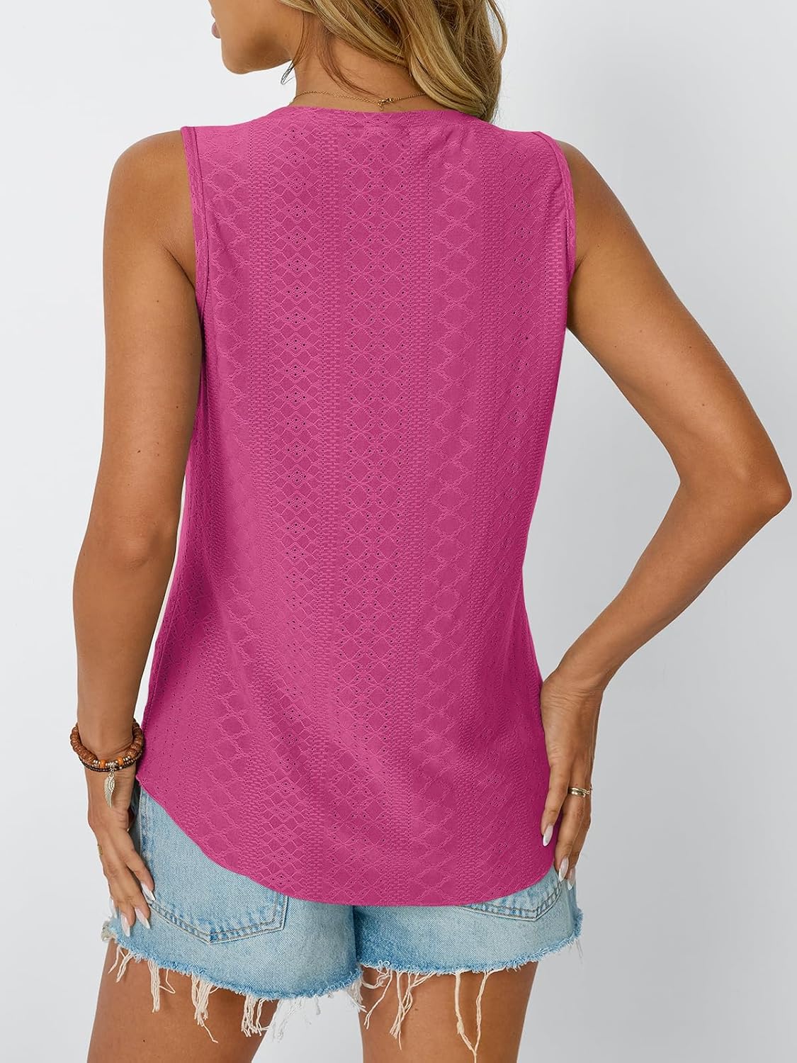 Womens Summer Tank Top Eyelet Embroidery V Neck Sleeveless Loose Fit Casual Shirt