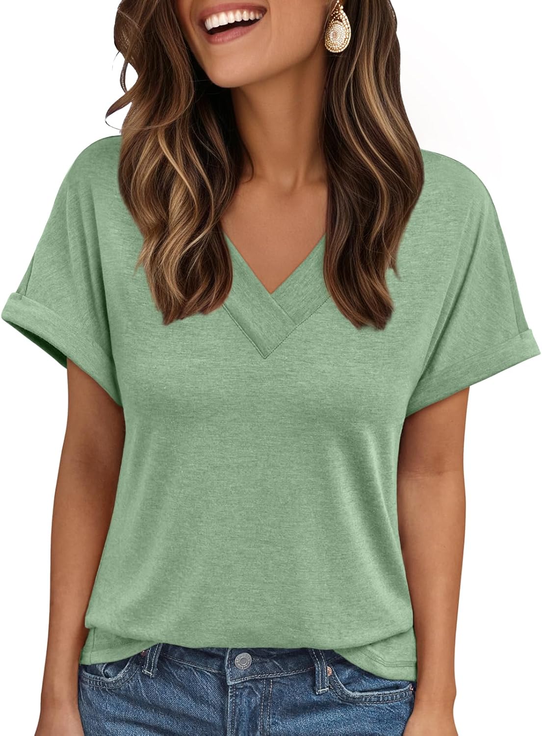 Womens Tops Short Sleeve T Shirt Summer V Neck Casual Top