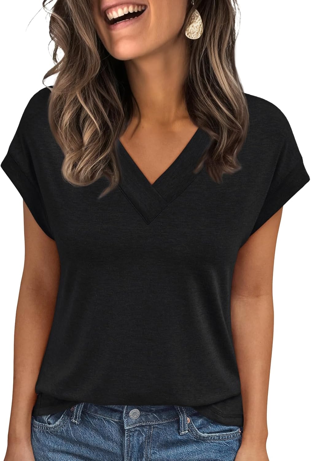 Womens Cap Short Sleeve T Shirts Summer Tops V Neck