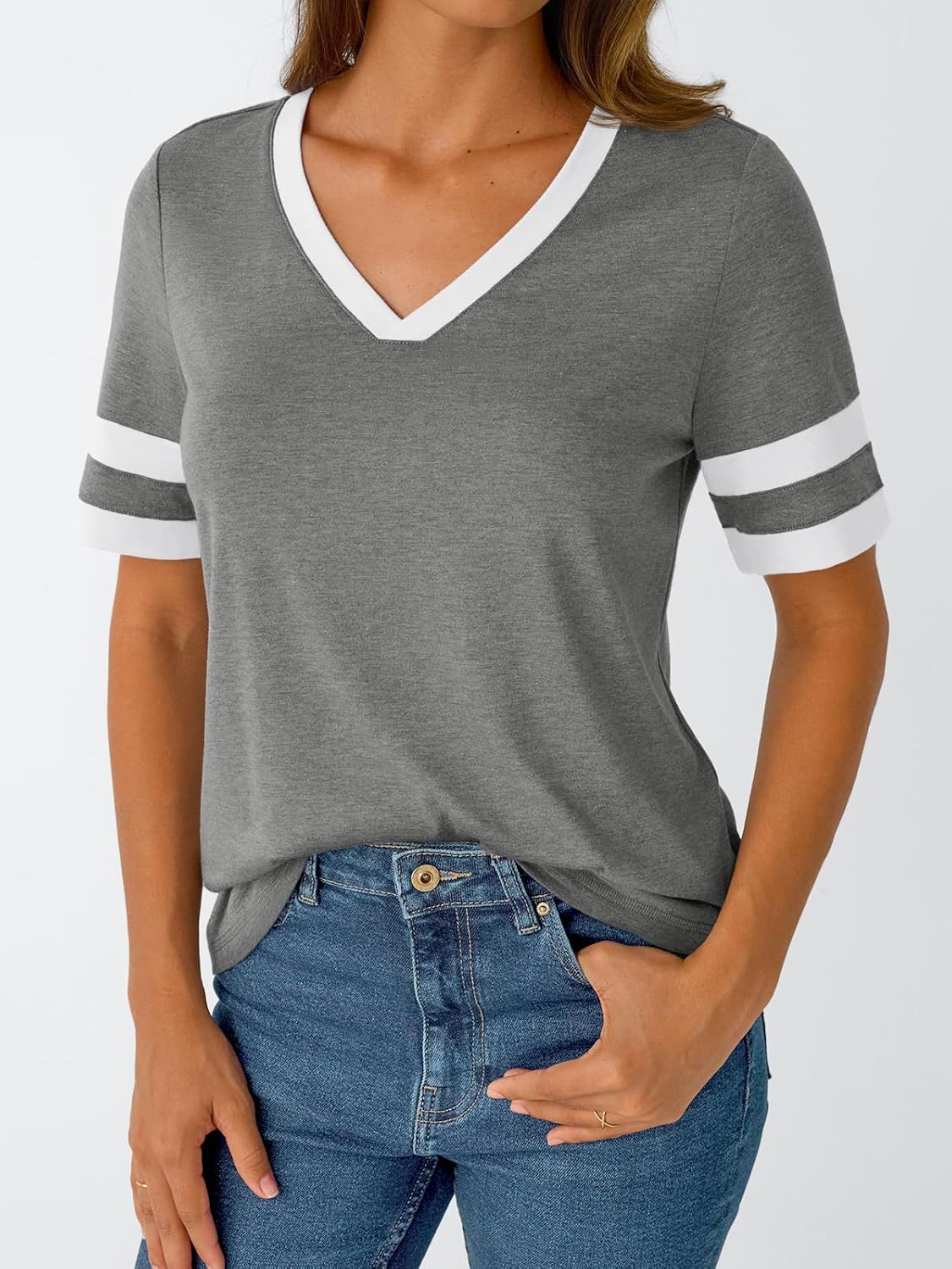 Women's Short Sleeve V Neck T Shirts Trendy Casual Spring Tops