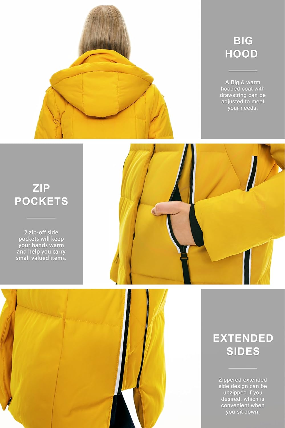 Womens Thickened Long Down Jacket Hooded Winter Puffer Coat with Side Zipper