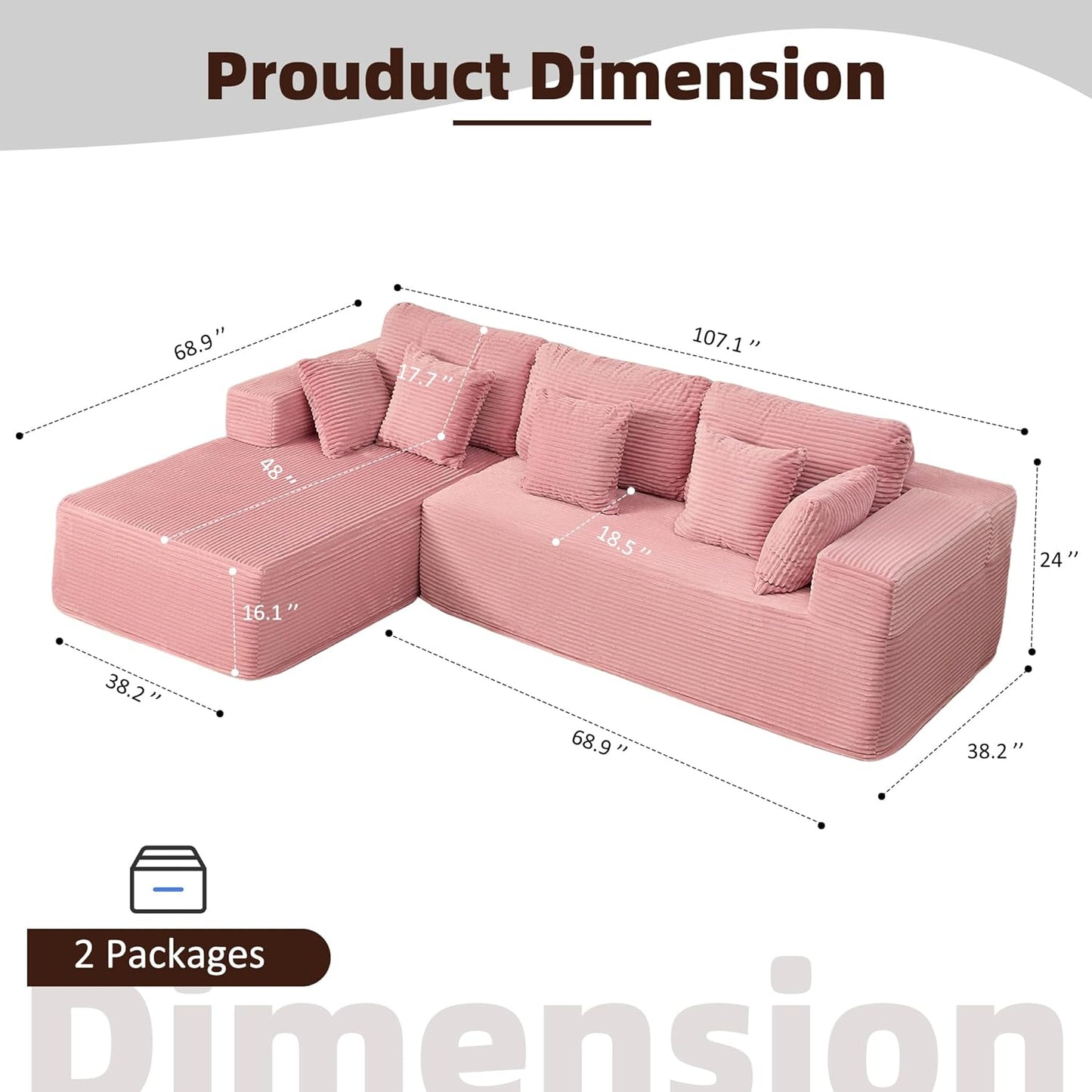 107" Boneless Couch with Deep Seat Cloud Sectional Couch for Living Room