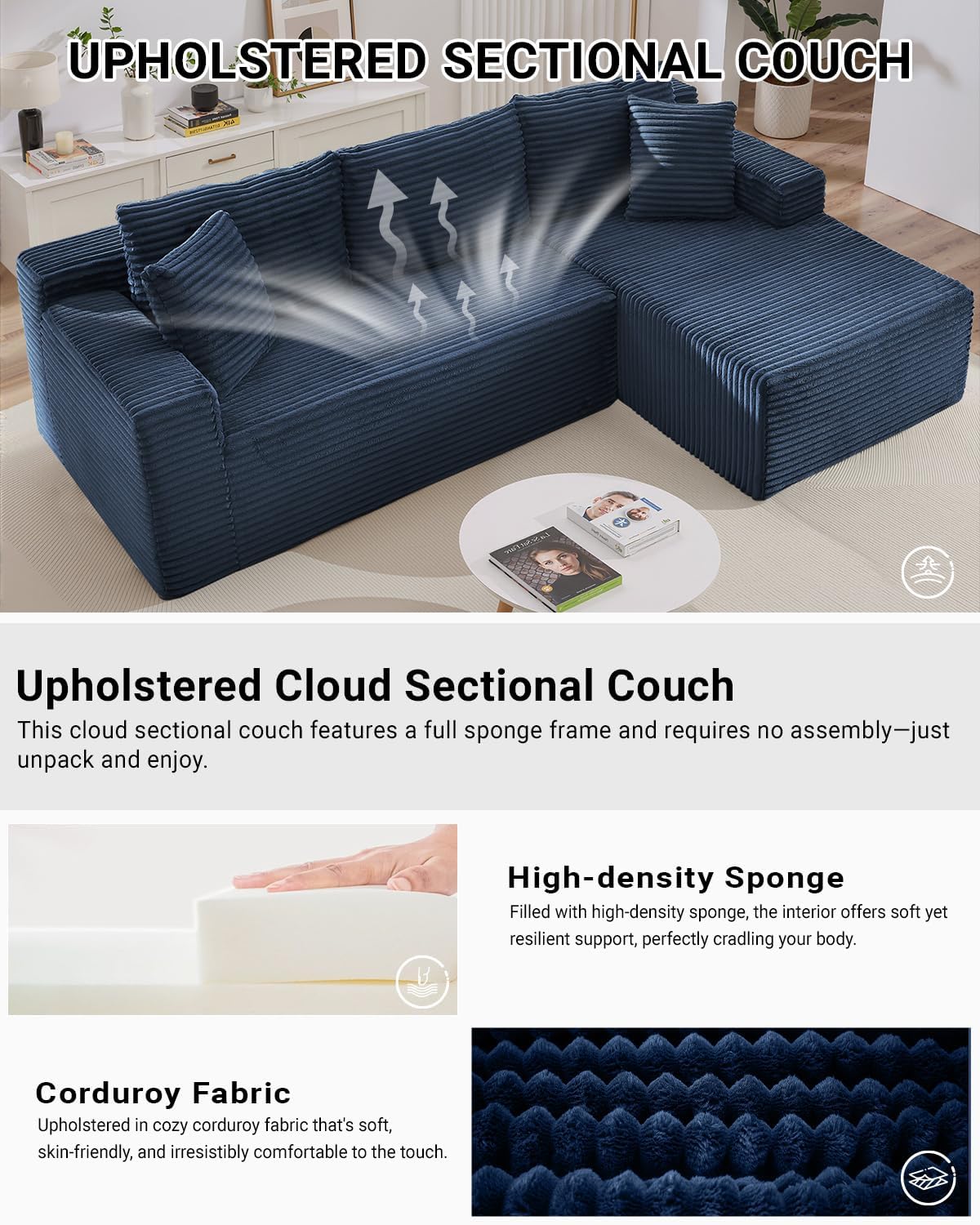 105 Inch Cloud Sectional Couch with Deep Seat