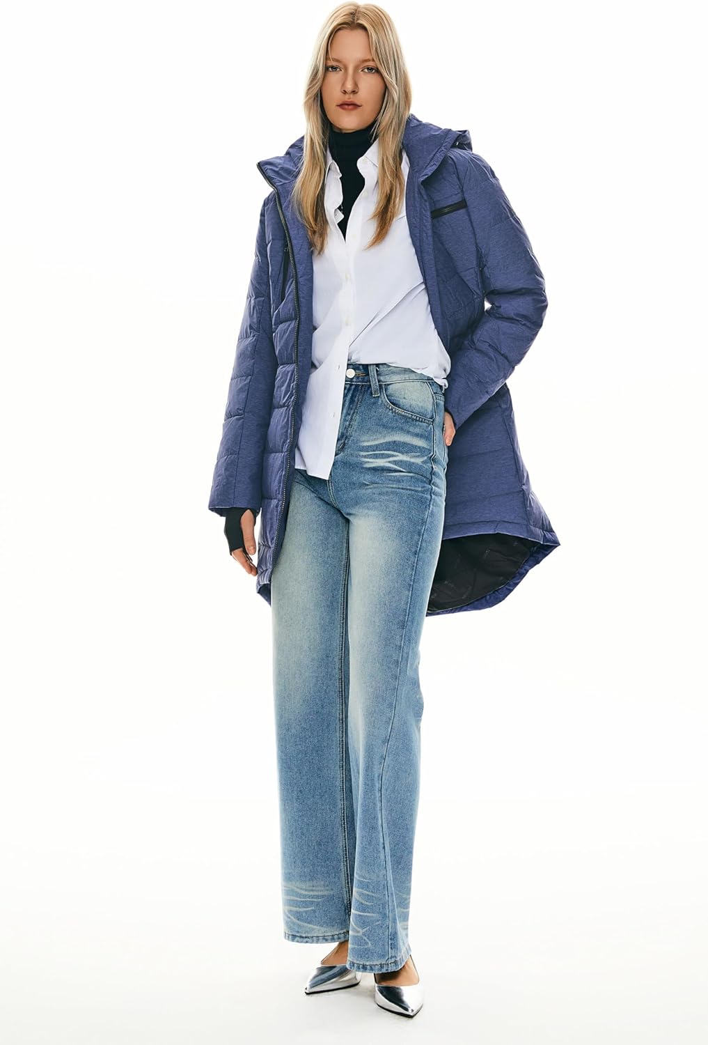 Womens Long Winter Down Jacket Hooded Quilted Puffer Coat Slim Fit Warm Outerwear
