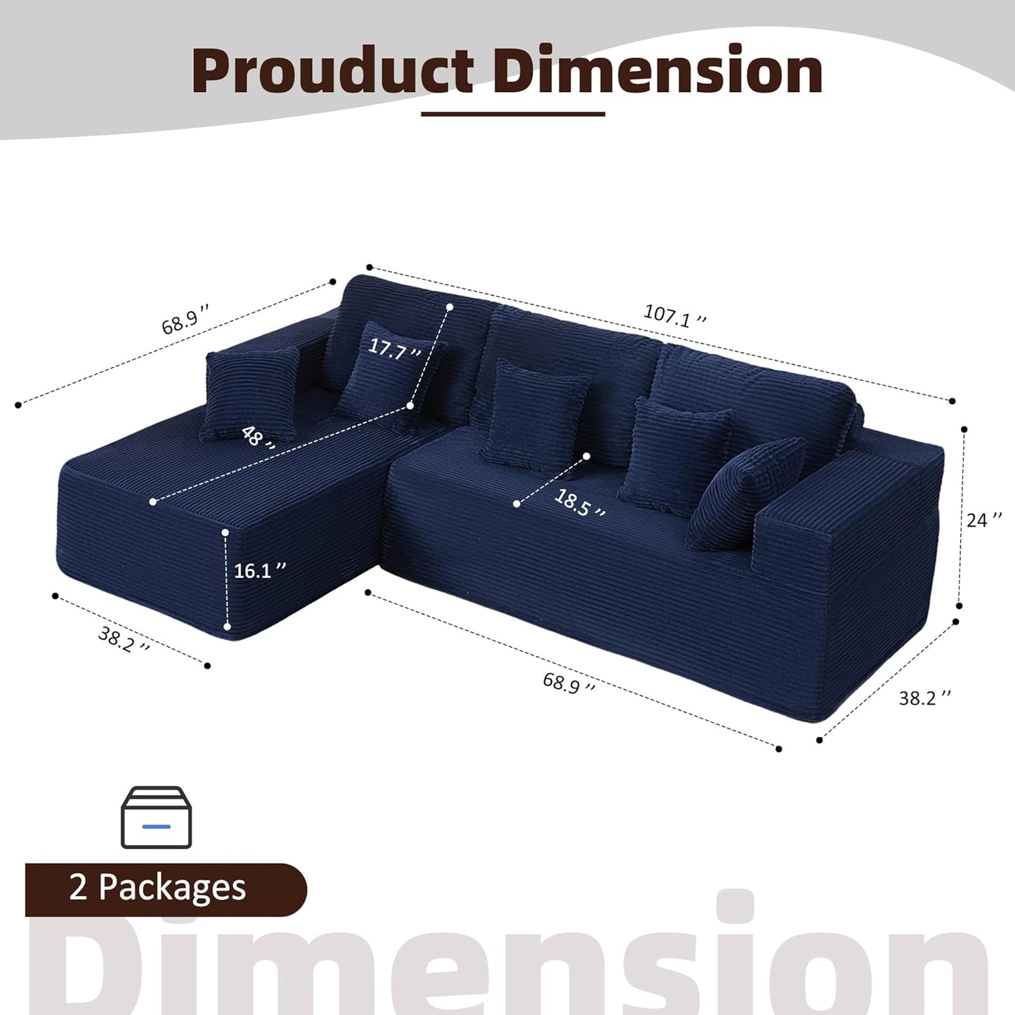 107" Boneless Couch with Deep Seat Cloud Sectional Couch for Living Room