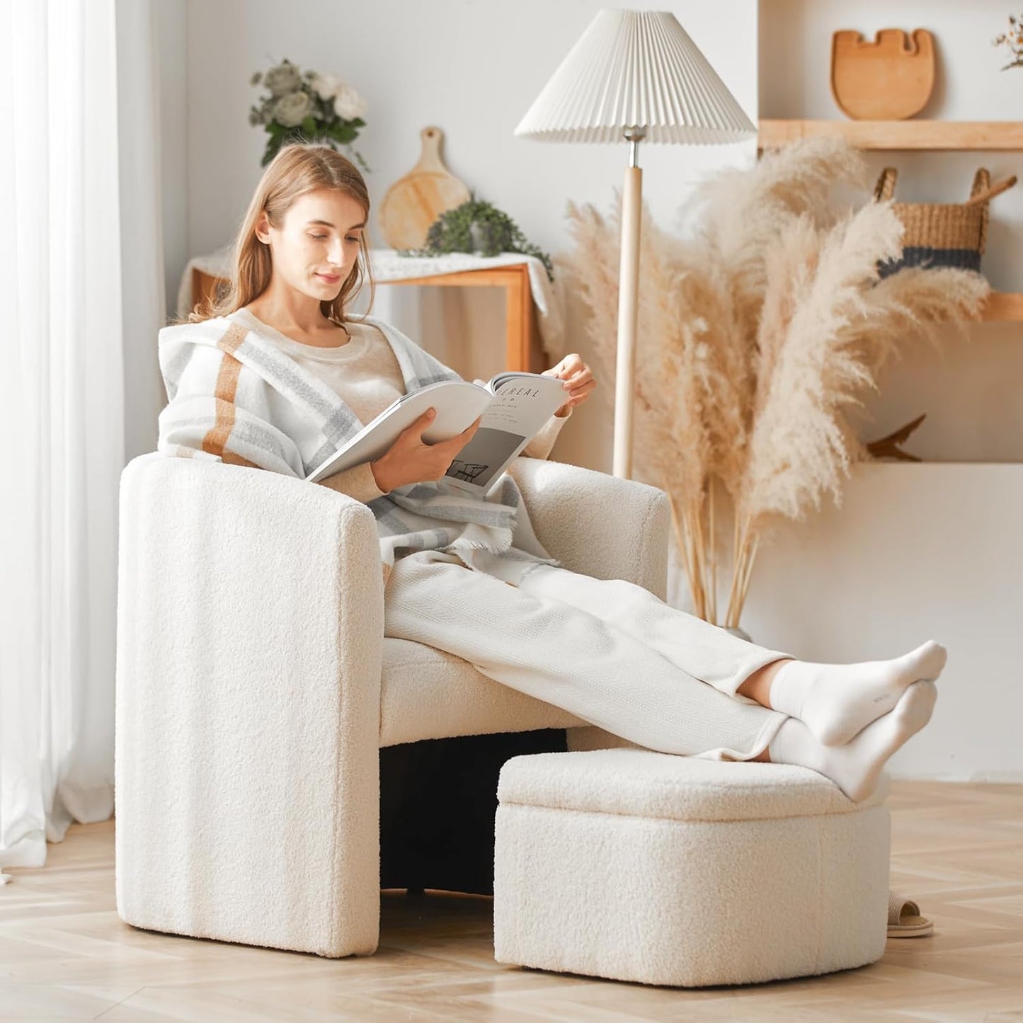 COLAMY Upholstered Velvet Barrel Accent Chair with Storage Ottoman