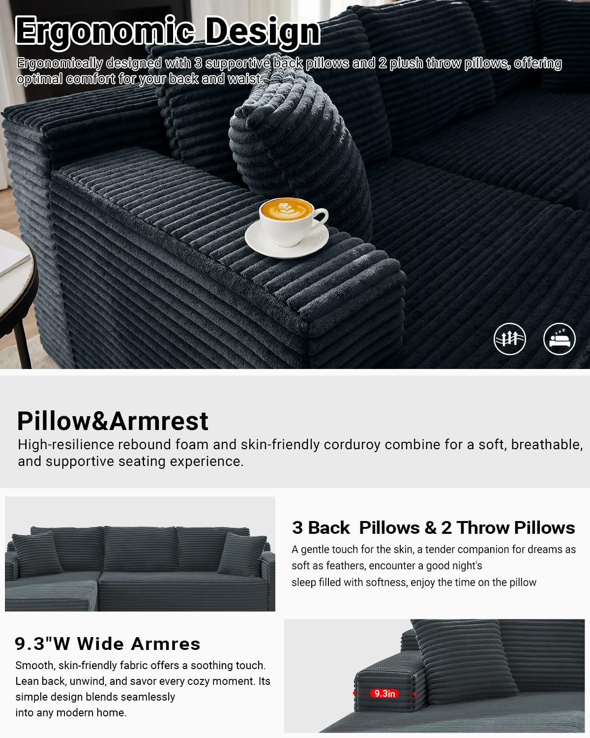 105 Inch Cloud Sectional Couch with Deep Seat