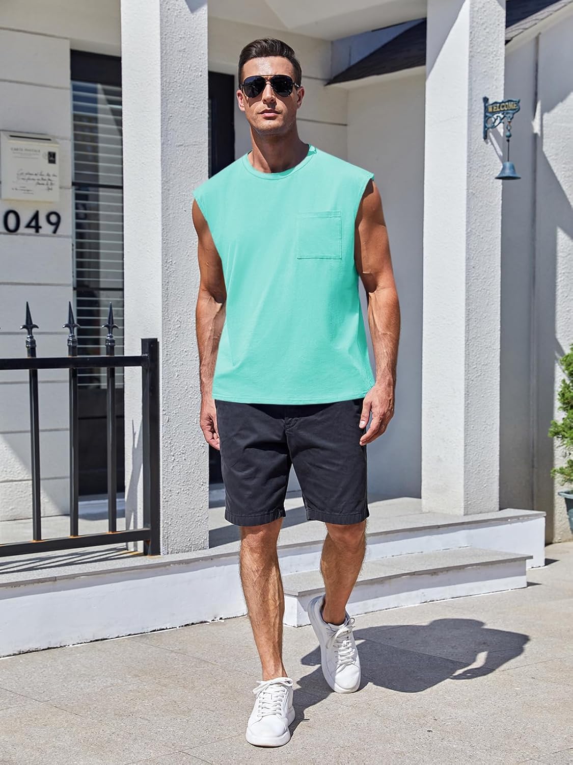 Mens Sleeveless Tank Tops Workout Cut Off Shirts Muscle Gym T Shirts with Pocket