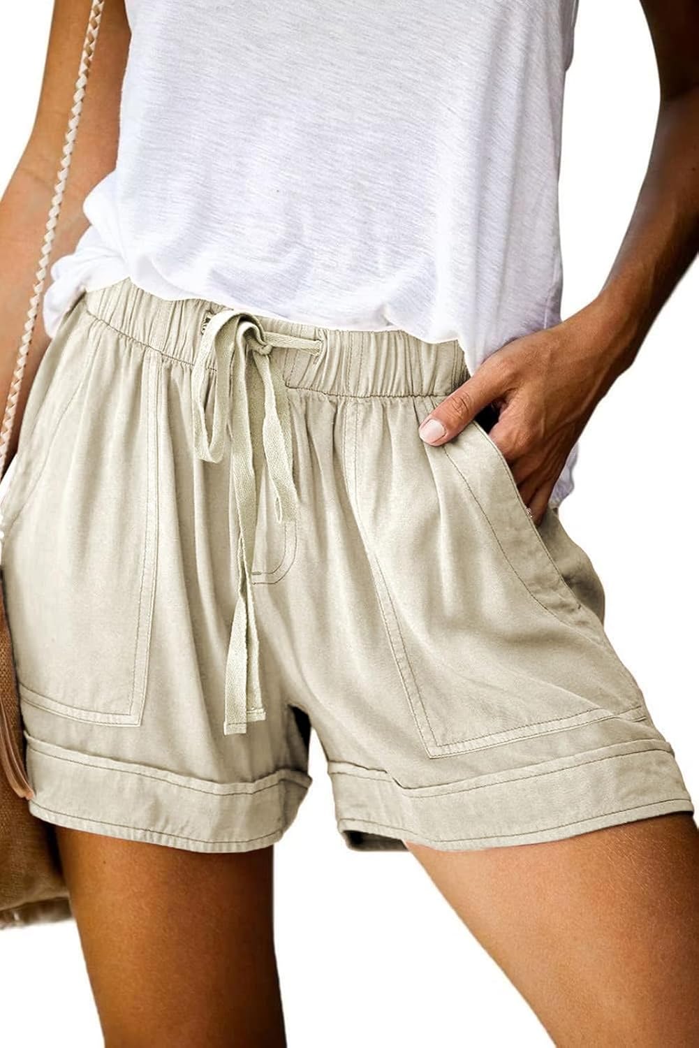 Womens Shorts Summer Comfy Cotton Elastic Waist Drawstring Casual Shorts with Pockets