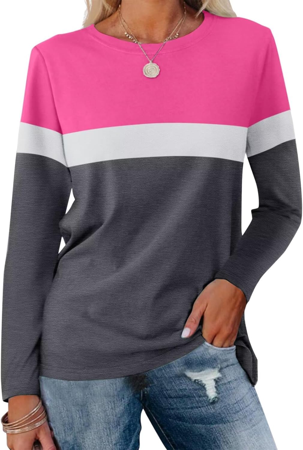 Women Long Sleeve Color Block Tunics Tops Round Neck Shirts Casual Blouses