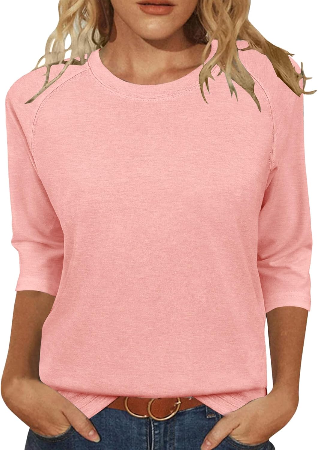 3/4 Sleeve Crew Neck Shirts Loose Fit Tunic Blouses Summer Tees