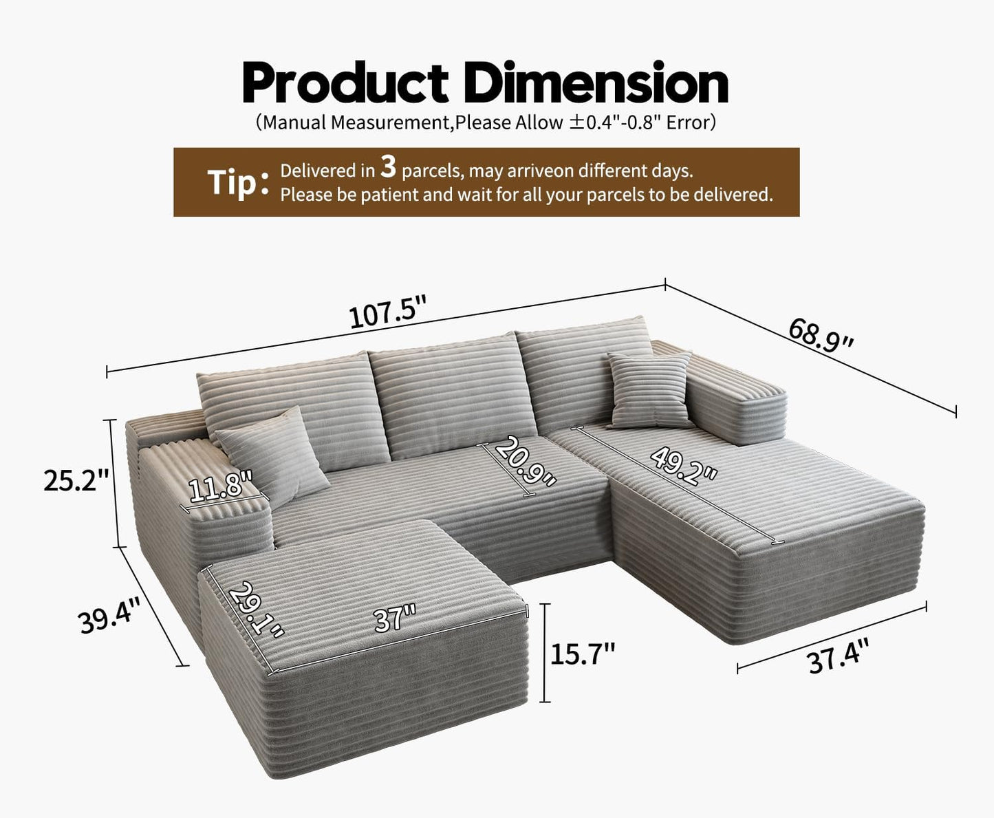 107.5" Cloud Modular Sectional Sofa with 1 Ottoman