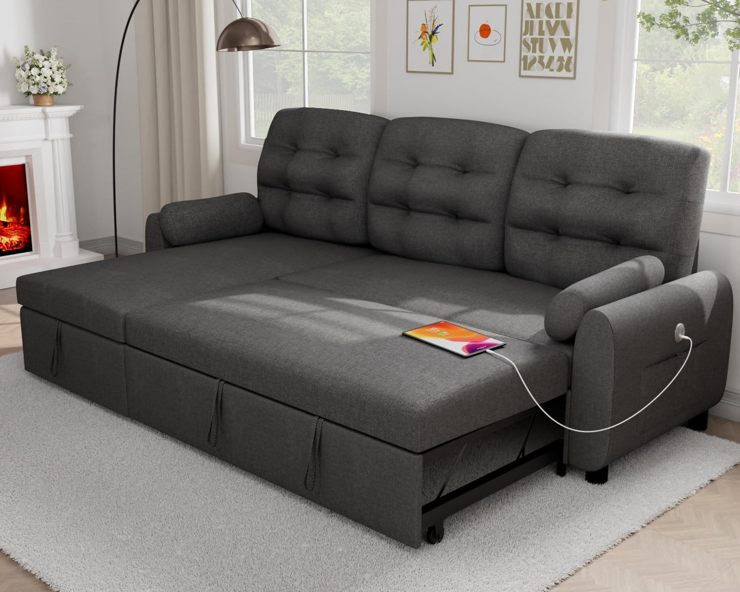 Sectional Sleeper Sofa with Storage Chaise USB Port, Side Pocket Removable Back 87" Couch in Black Linen