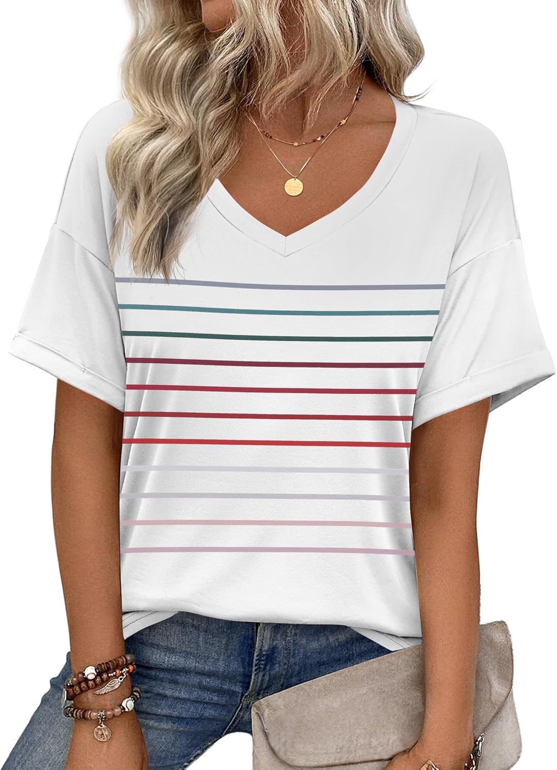 Short Sleeve Casual Shirts Floral Tee Basics V Neck Plain T-shirt