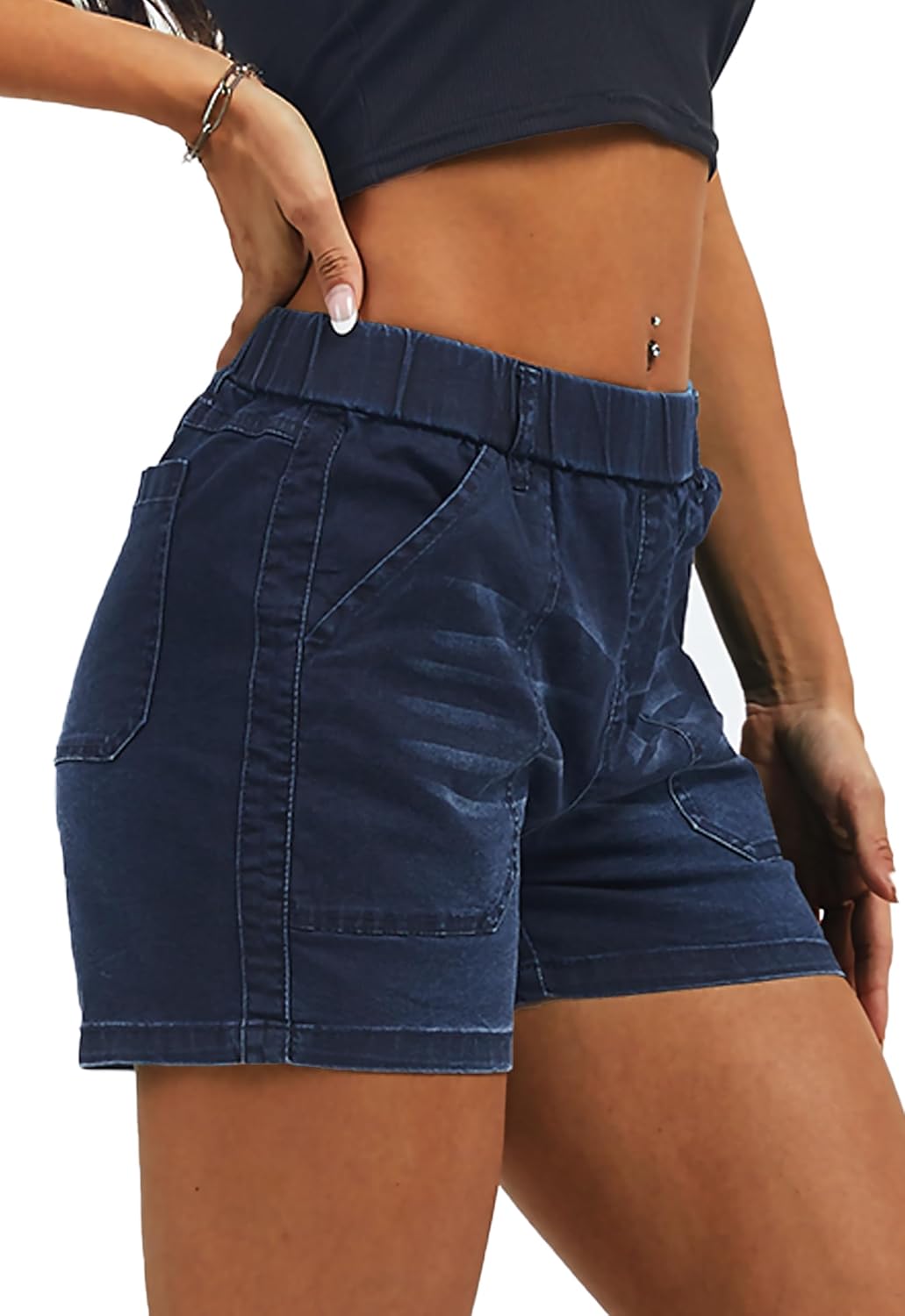 Womens Jean Shorts High Waisted Summer Cotton Elastic Waist Denim Shorts with Pockets