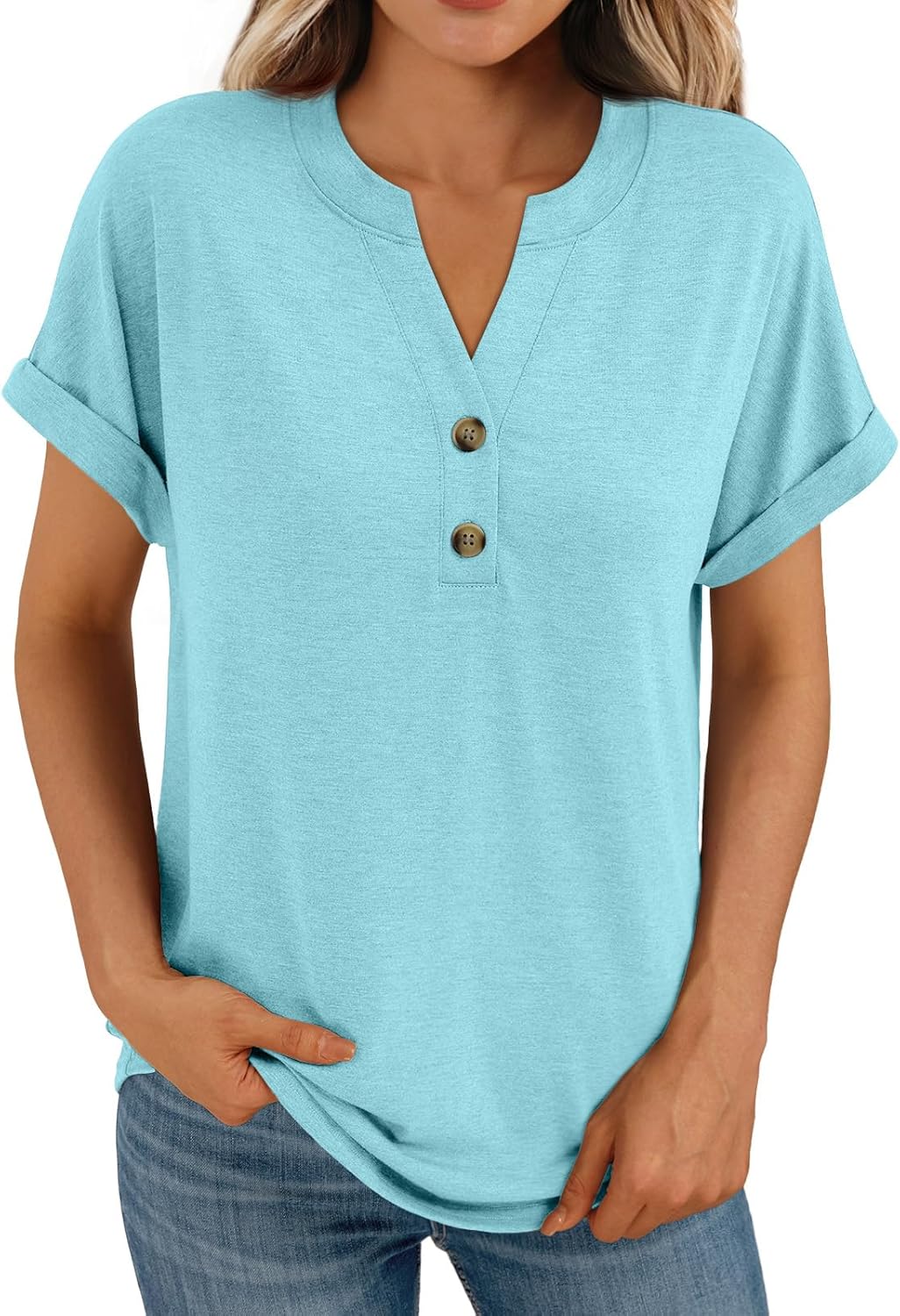 Women's Short Sleeve Shirts Henley Dressy Casual Summer Tops