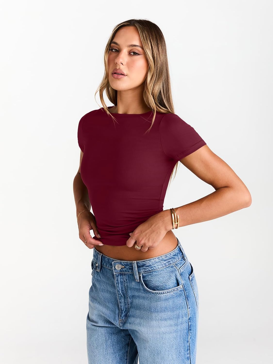 Womens Boat Neck Tops Short Sleeve T-Shirts Slim Fitted Compression