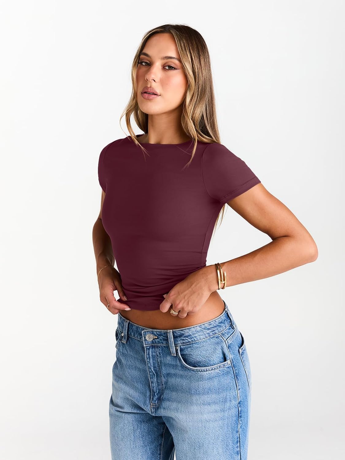 Womens Boat Neck Tops Short Sleeve T-Shirts Slim Fitted Compression