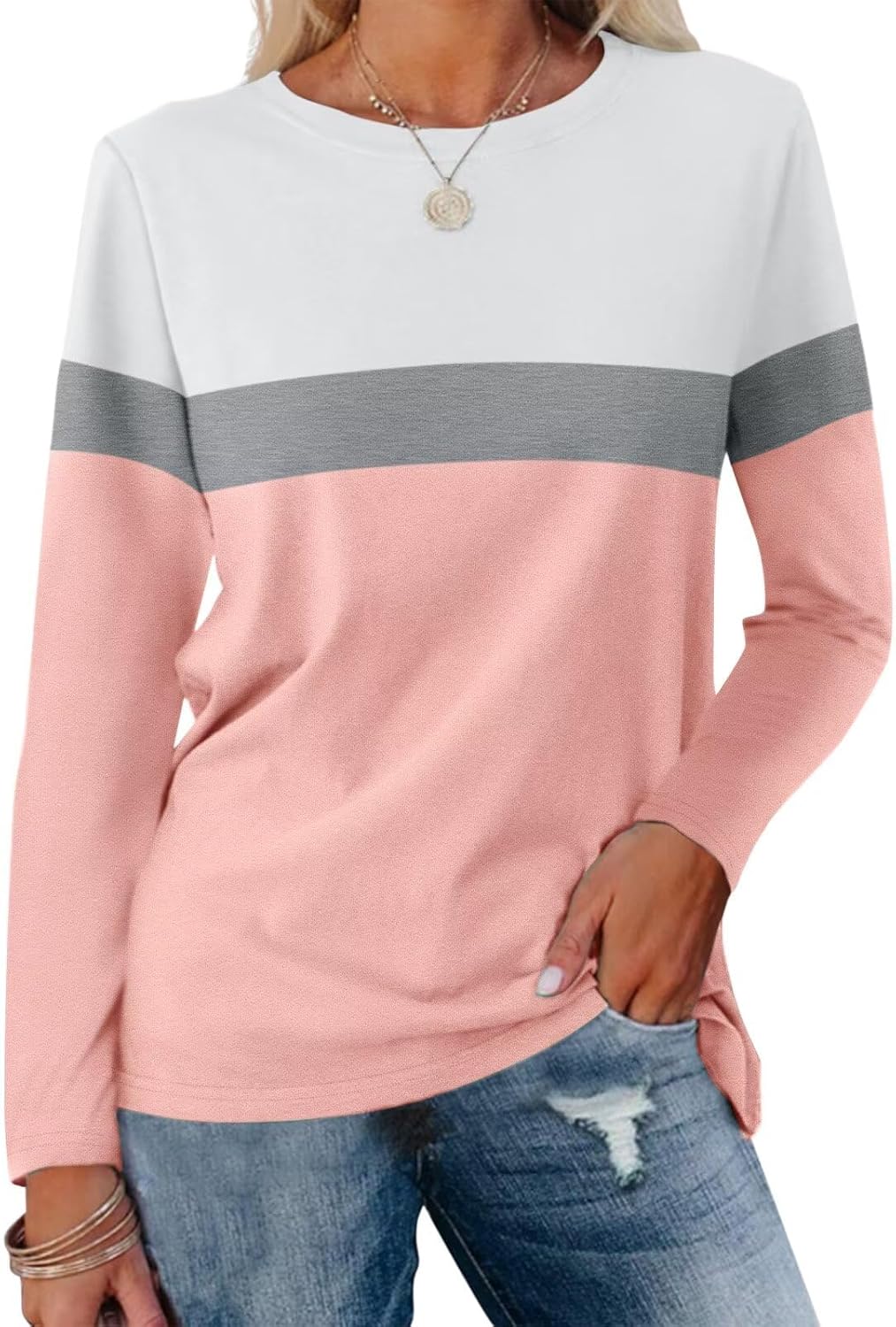 Women Long Sleeve Color Block Tunics Tops Round Neck Shirts Casual Blouses