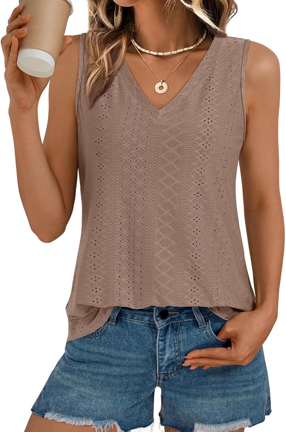Womens Summer Tank Top Eyelet Embroidery V Neck Sleeveless Loose Fit Casual Shirt
