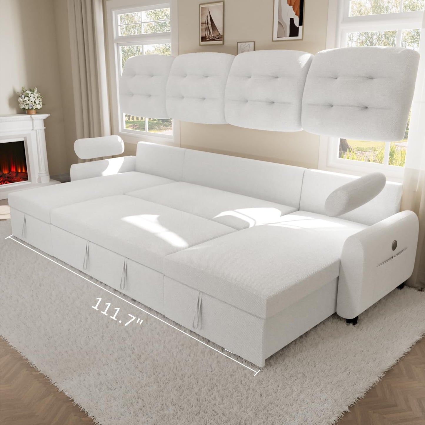 Sectional Sleeper Sofa with Storage Chaise USB Port, Side Pocket Removable Back 87" Couch in Black Linen
