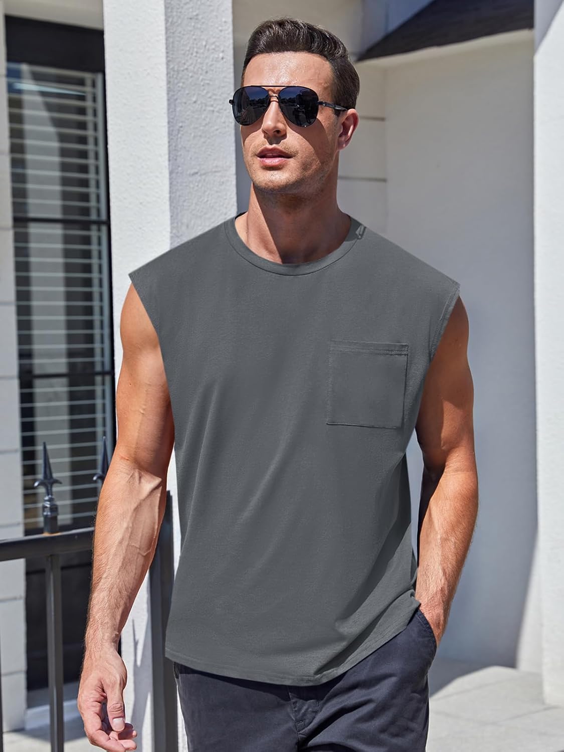 Mens Sleeveless Tank Tops Workout Cut Off Shirts Muscle Gym T Shirts with Pocket