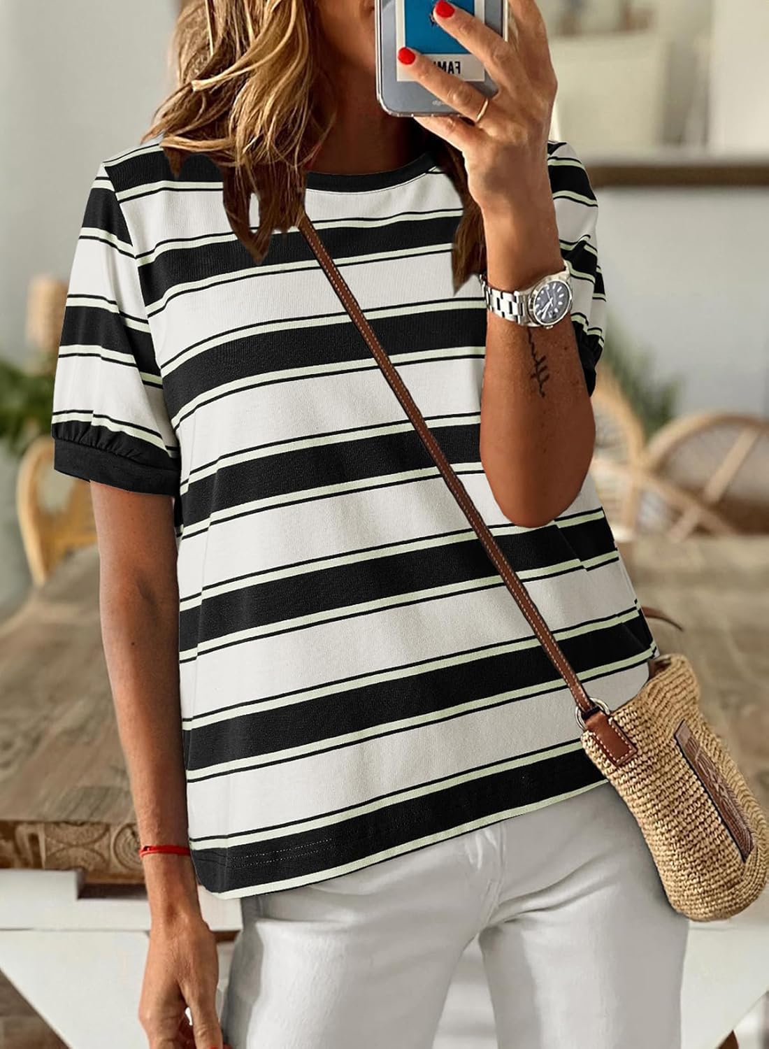 Striped Color Block Short Sleeve T-Shirts Crewneck Casual Loose Basic Tee Blouses