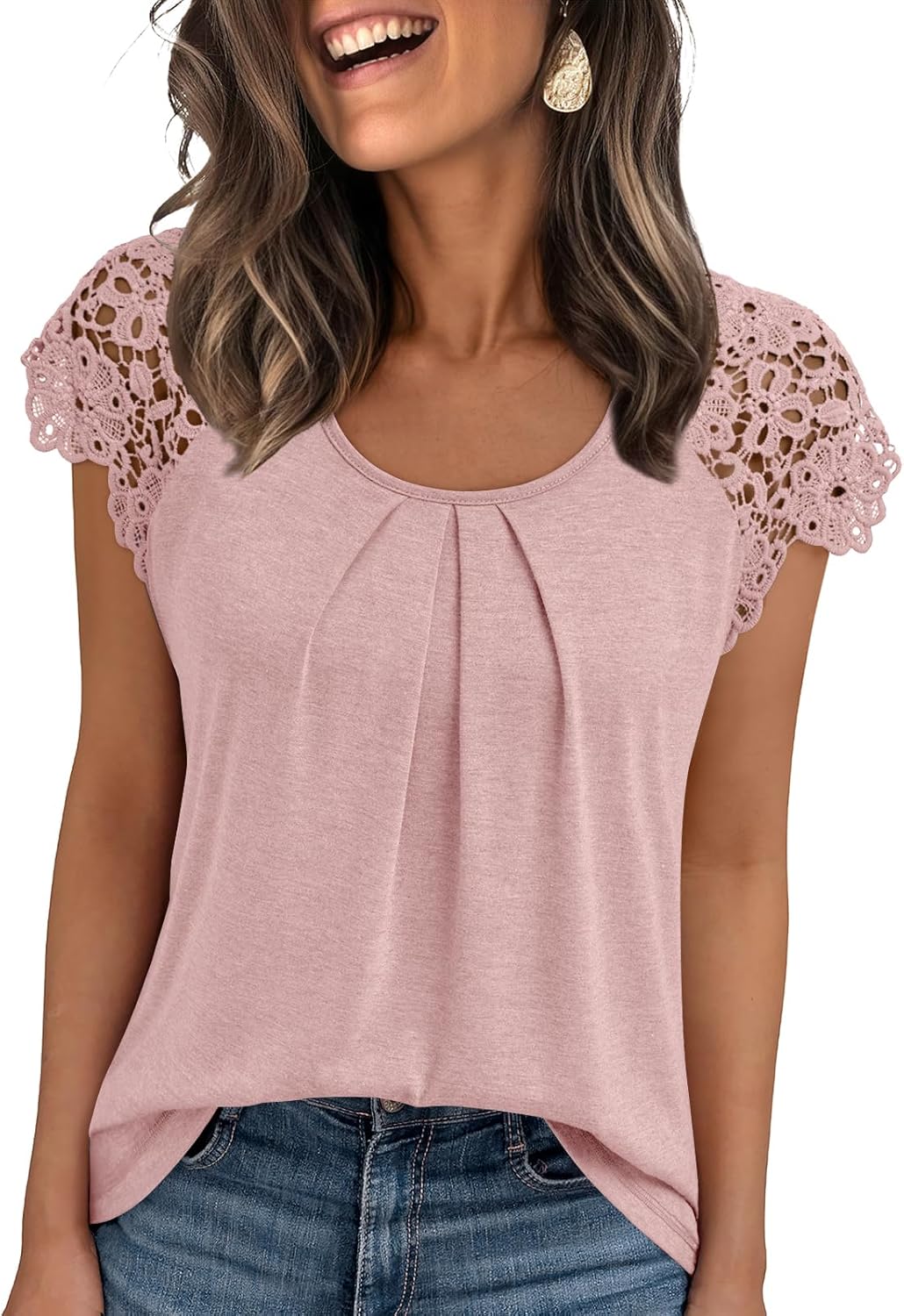 Womens Lace Tops Pleated Short Sleeve Shirts Summer
