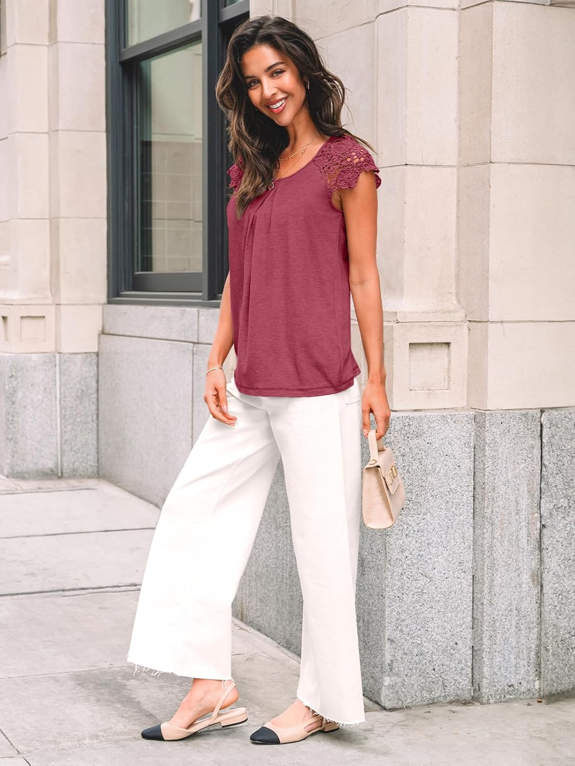 Womens Lace Tops Pleated Short Sleeve Shirts Summer