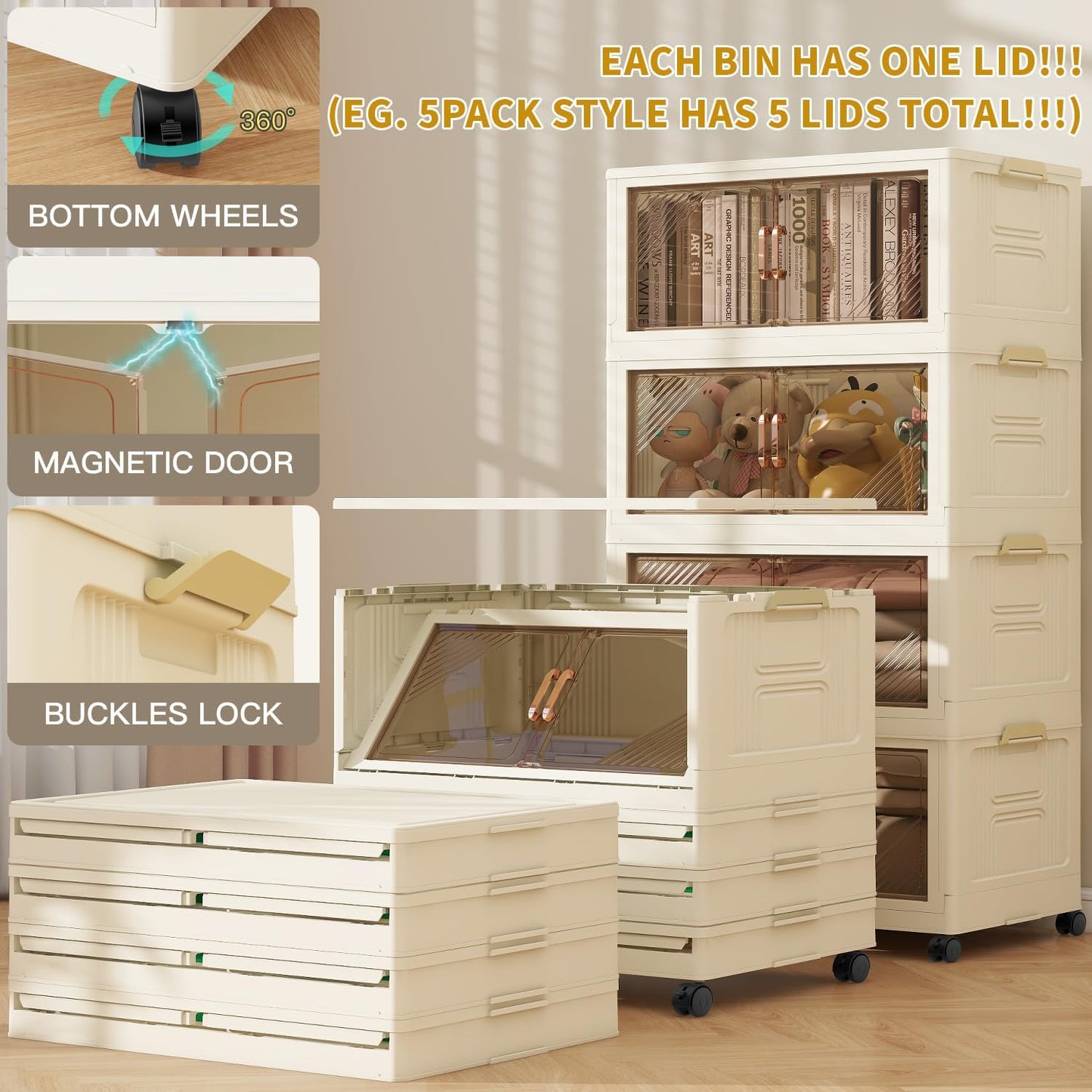 23 Gal Stackable Storage Bins with Lids and Wheels 5 Pack