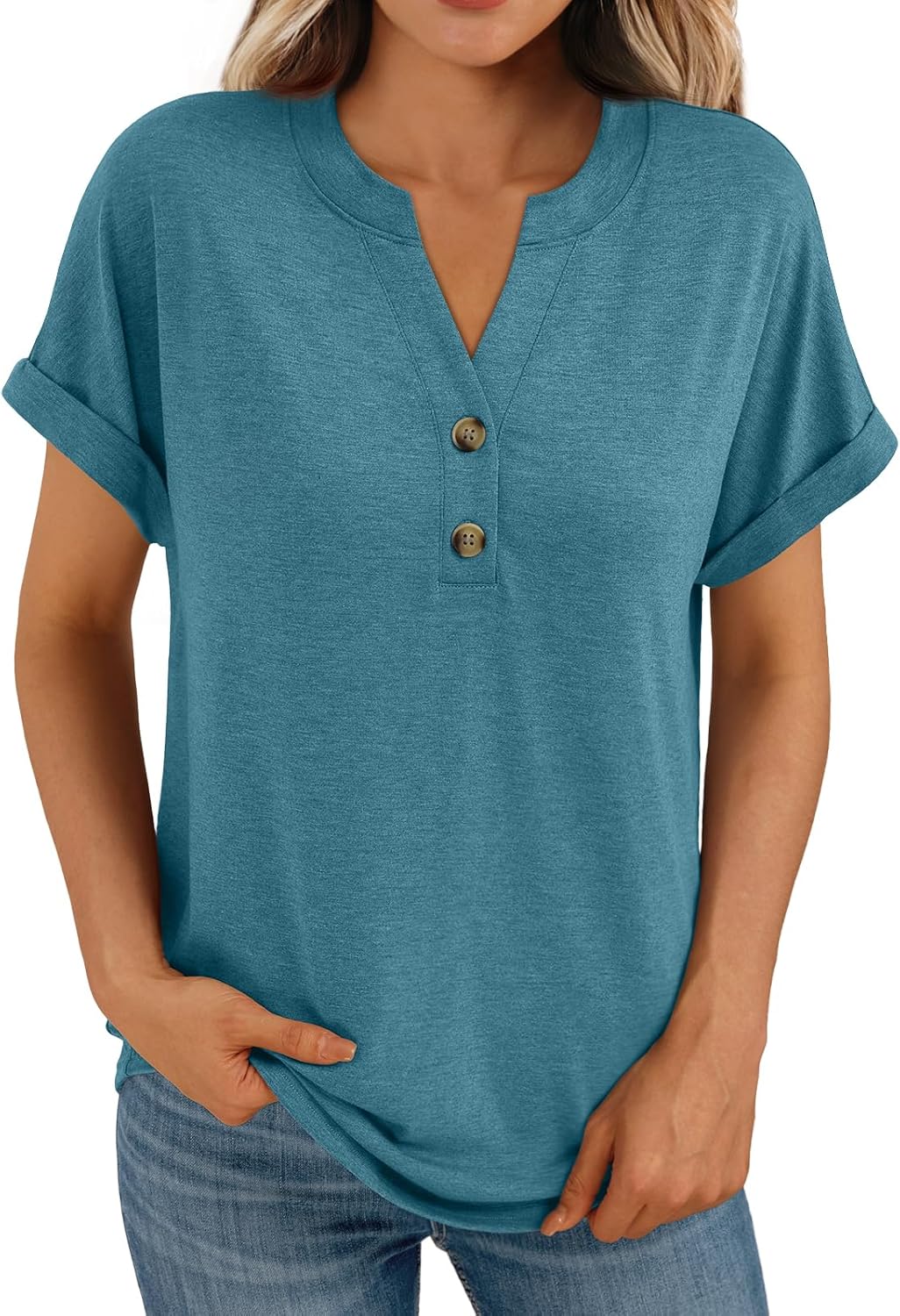 Women's Short Sleeve Shirts Henley Dressy Casual Summer Tops