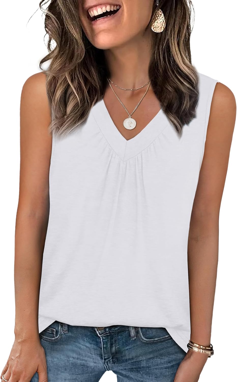Womens V Neck Tank Top Loose Fit Sleeveless Summer Shirt Ruched Tees and Tanks with Curved Hem