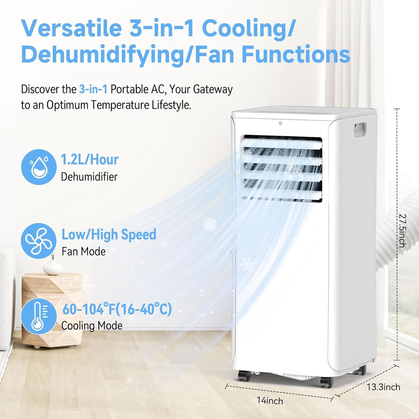 12000 BTU Portable Air Conditioner 3 in 1 AC Dehumidifier Fan with Timer Remote for Rooms