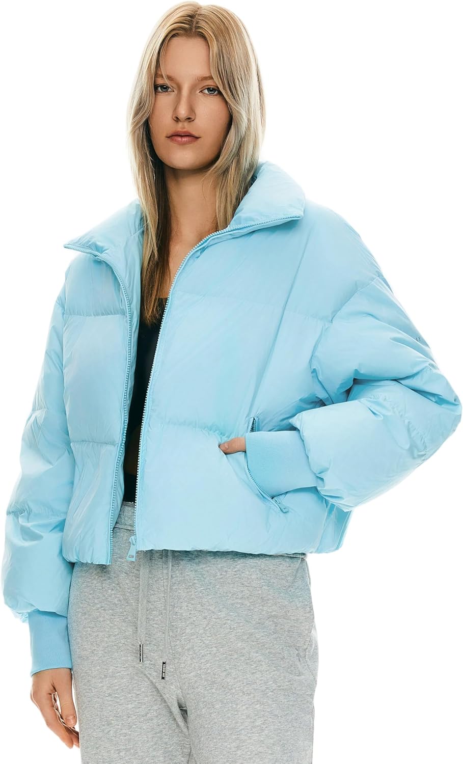 Womens Winter Oversized Cropped Puffer Jacket Zip Up Short Down Coat