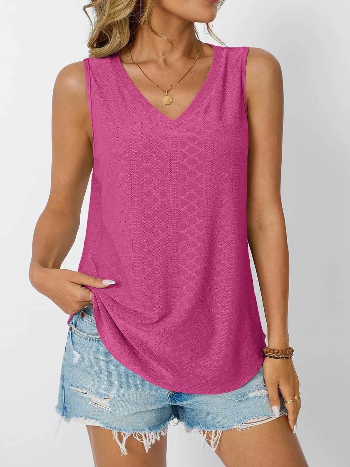 Womens Summer Tank Top Eyelet Embroidery V Neck Sleeveless Loose Fit Casual Shirt