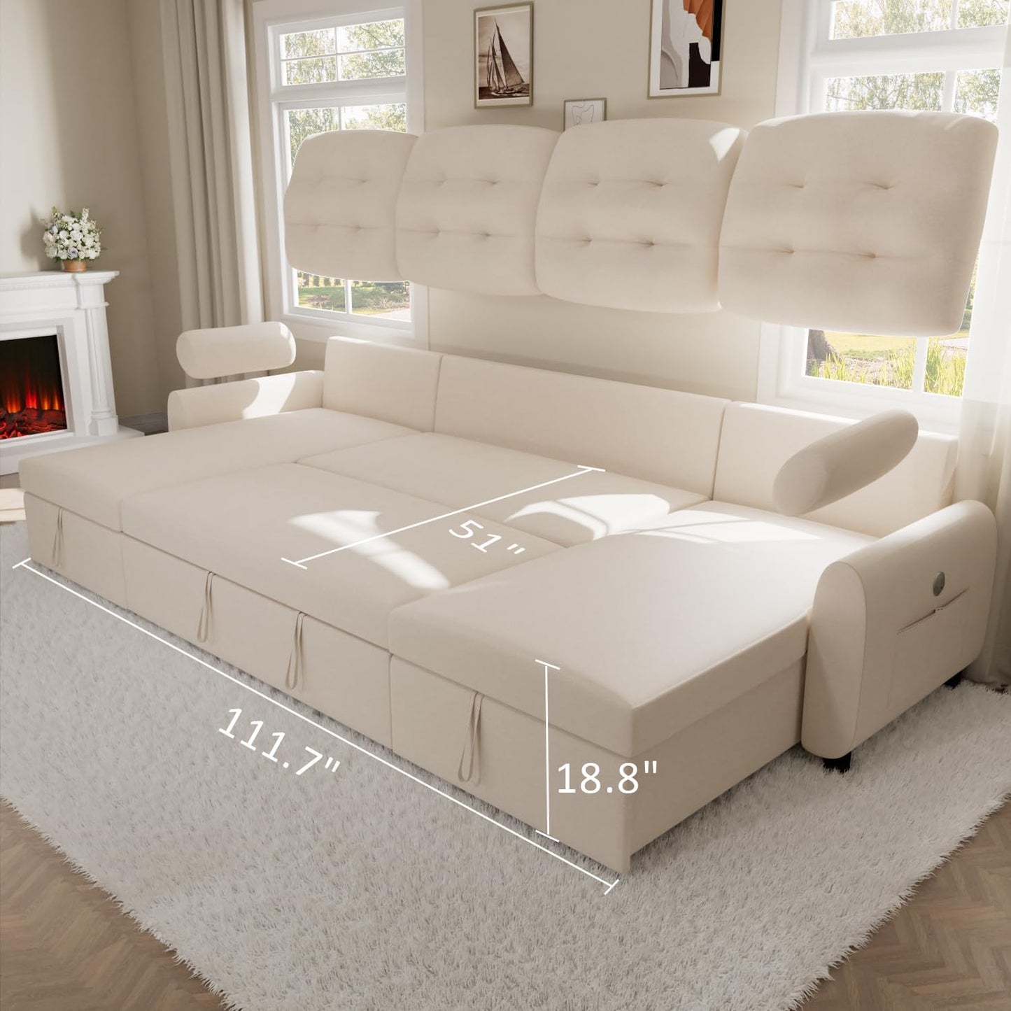 Sectional Sleeper Sofa with Storage Chaise USB Port, Side Pocket Removable Back 87" Couch in Black Linen