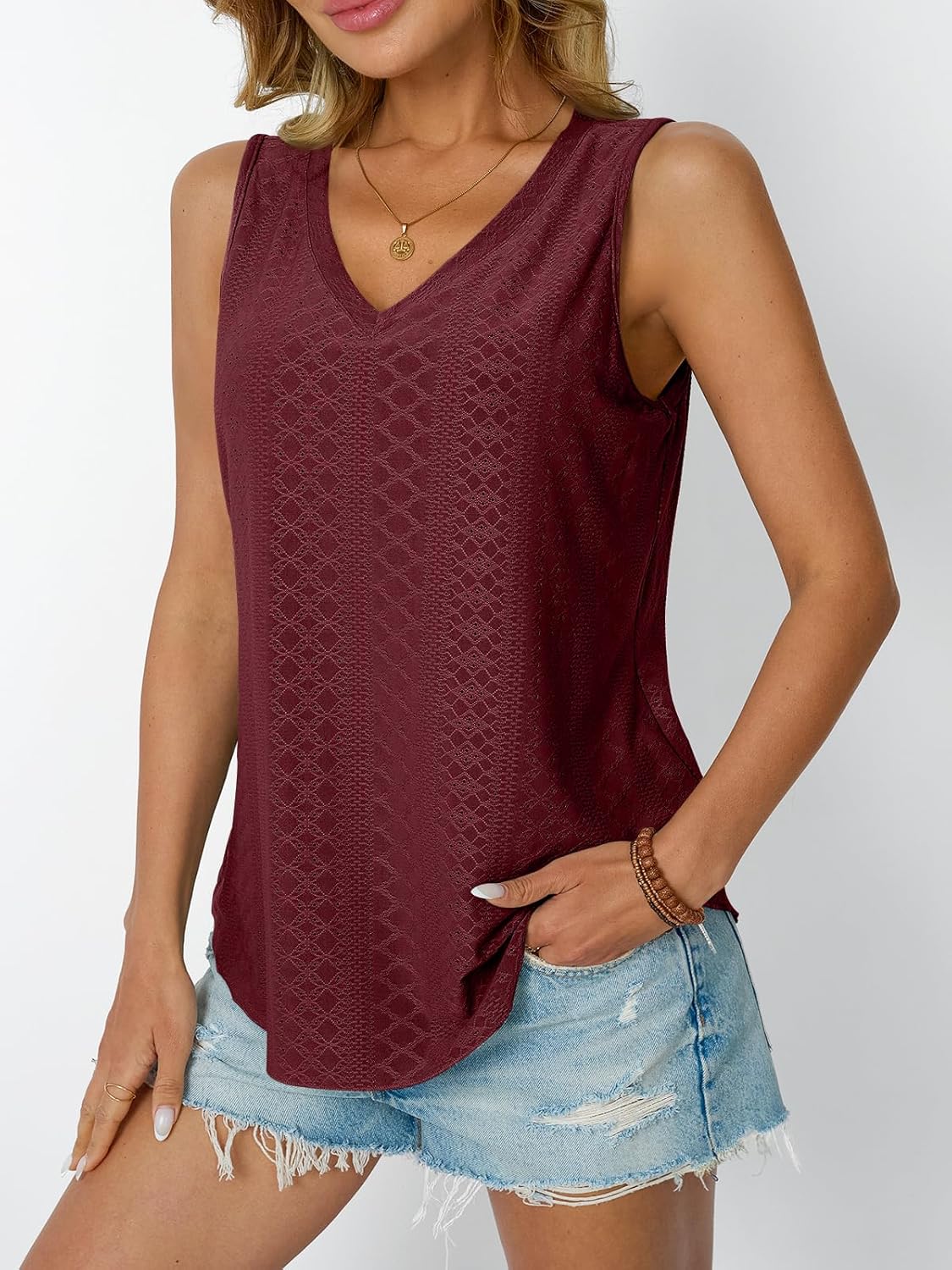 Womens Summer Tank Top Eyelet Embroidery V Neck Sleeveless Loose Fit Casual Shirt