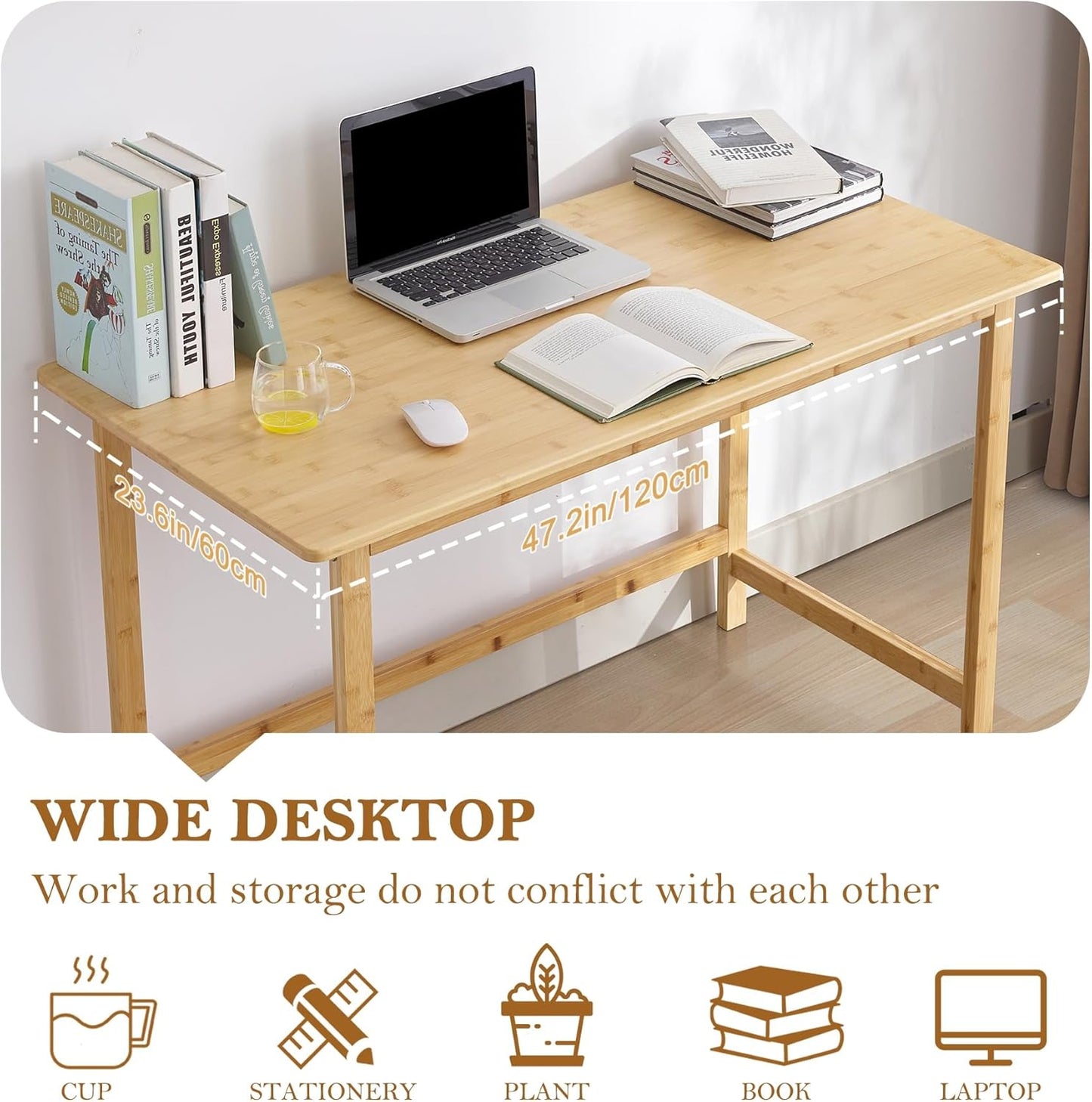 Writing Computer Desk 46" Bamboo Home Office Table with 2 Drawers