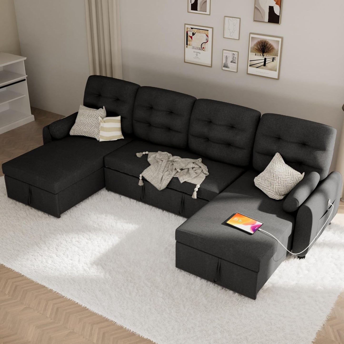 Sectional Sleeper Sofa with Storage Chaise USB Port, Side Pocket Removable Back 87" Couch in Black Linen