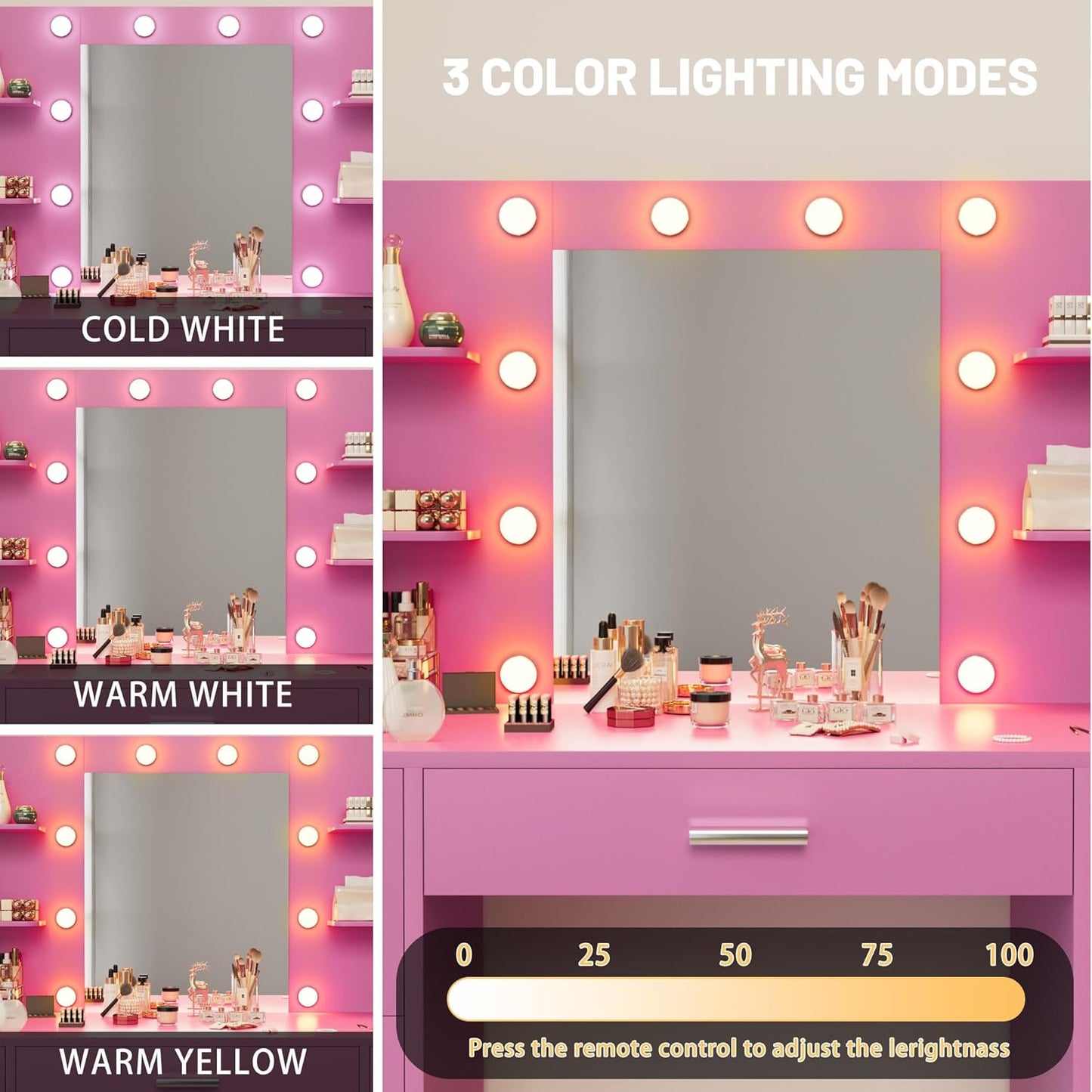 Furmax Vanity Desk with Mirror LED Lights and Power Outlet Makeup Vanity Table