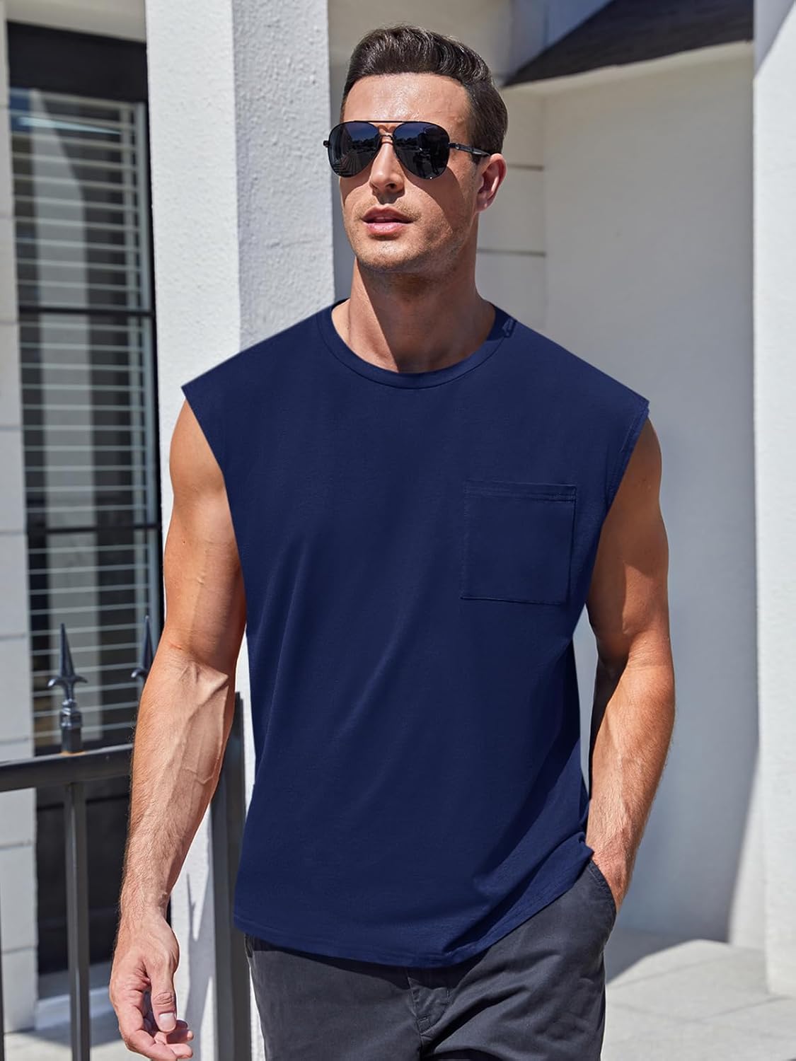 Mens Sleeveless Tank Tops Workout Cut Off Shirts Muscle Gym T Shirts with Pocket