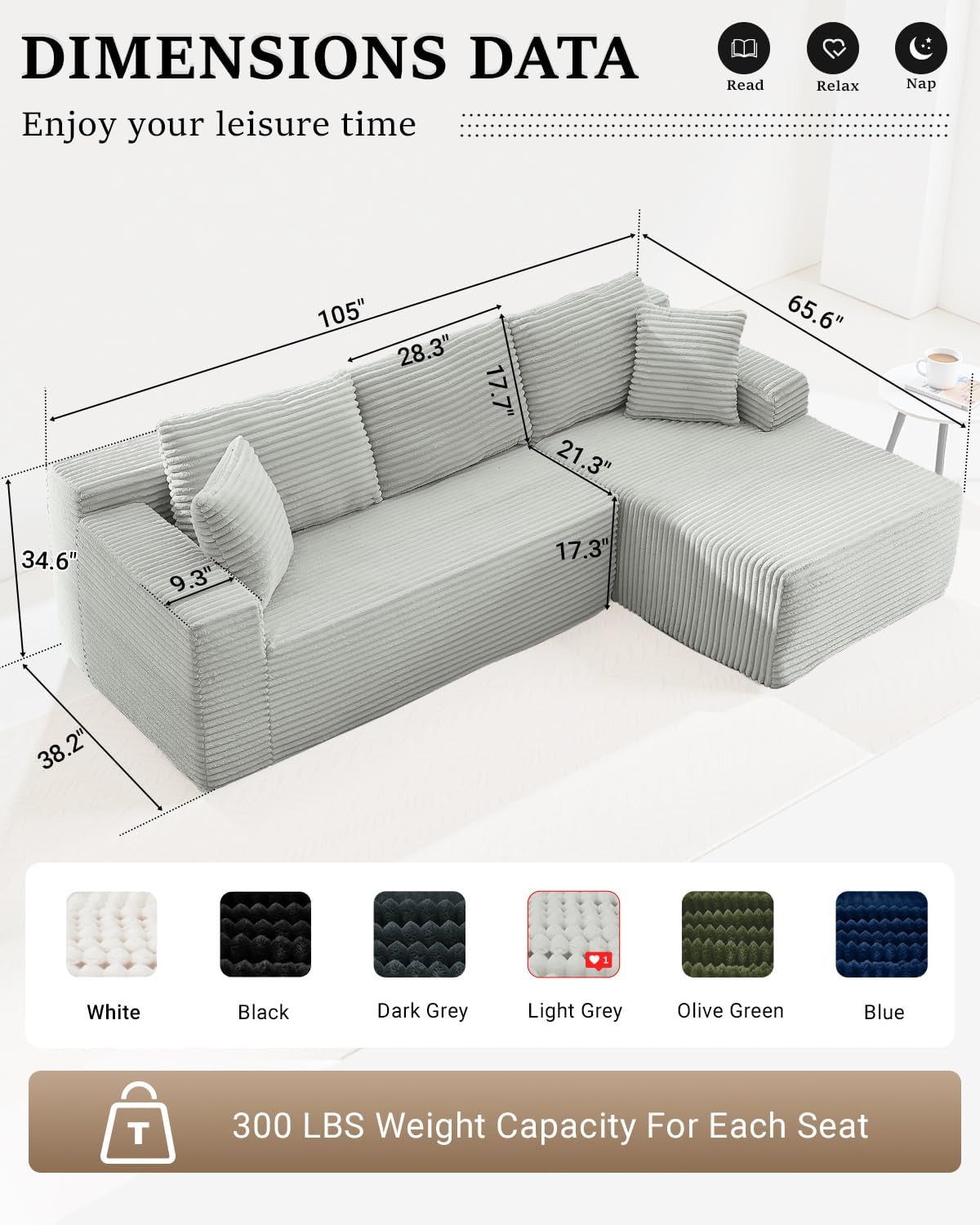 105 Inch Cloud Sectional Couch with Deep Seat
