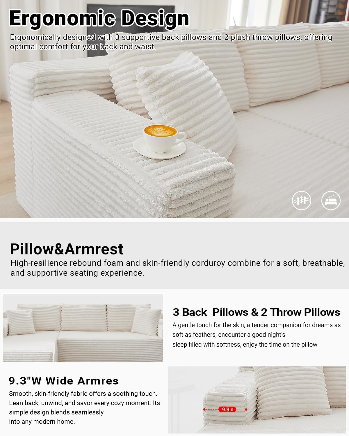105 Inch Cloud Sectional Couch with Deep Seat
